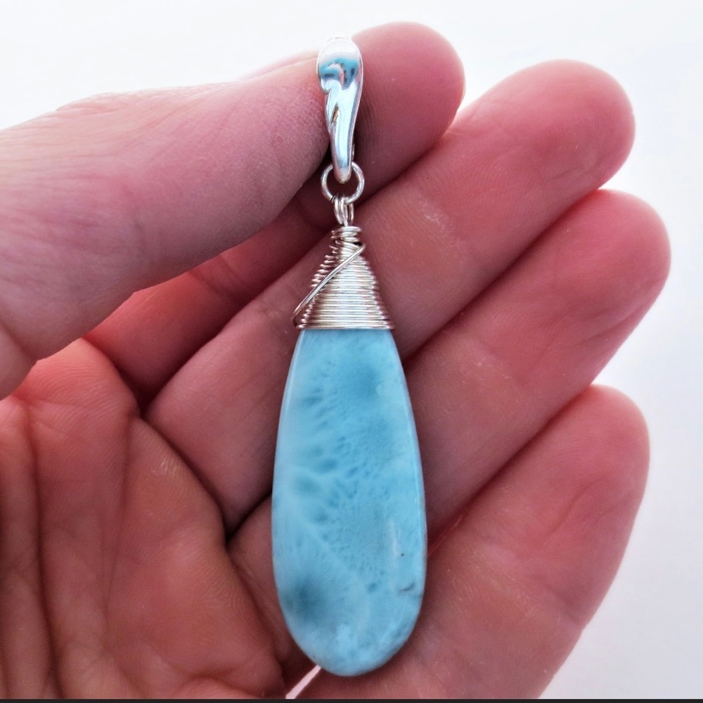 Huge Larimar Gemstone Wirewrapped Sterling Silver Pendant EE Designs